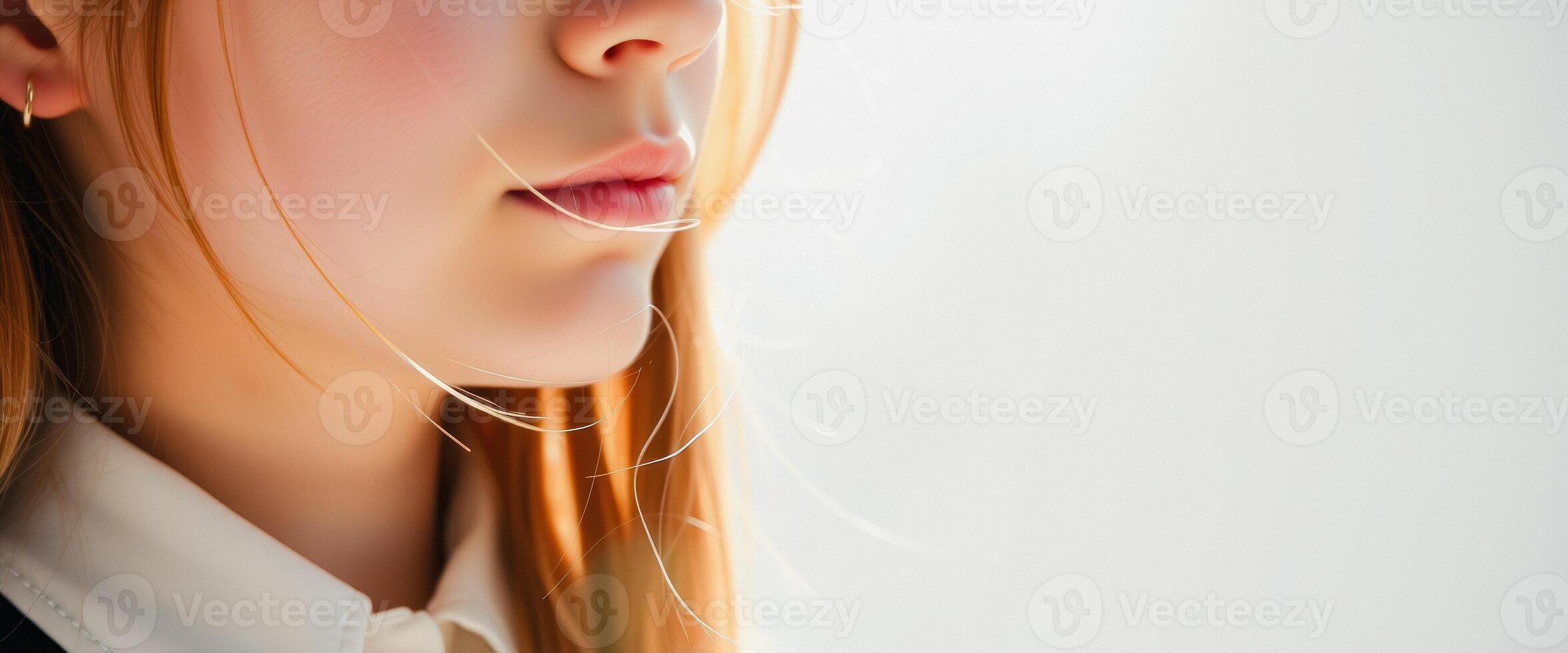 Close-up of a young woman's face with soft, natural lighting photo