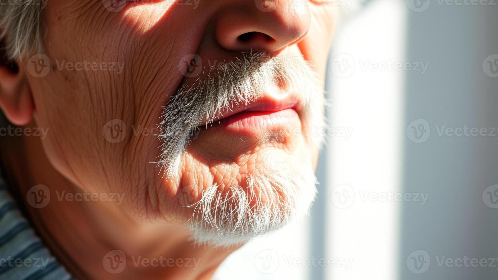 Close Up of Senior Man's Face with White Mustache and Wrinkles photo