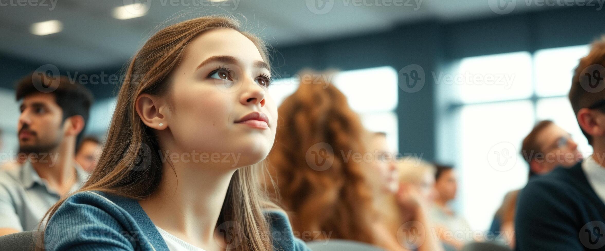Young woman listening attentively in a classroom photo