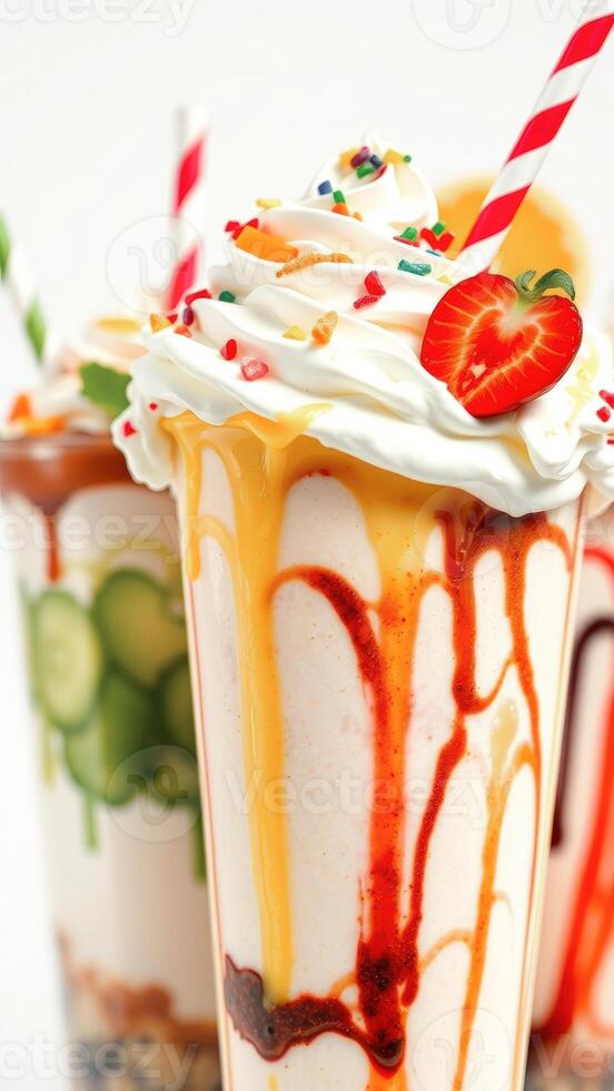 Close-up of a delicious strawberry milkshake with whipped cream and sprinkles photo