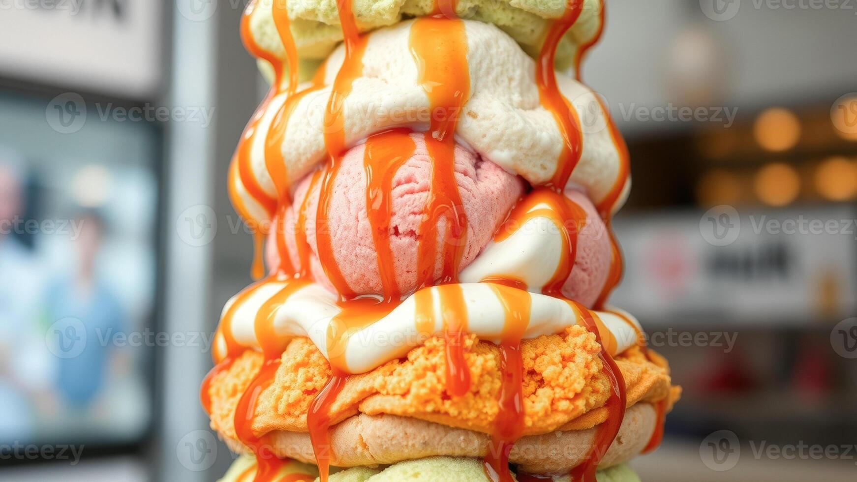 Closeup of a layered dessert with caramel sauce and ice cream photo