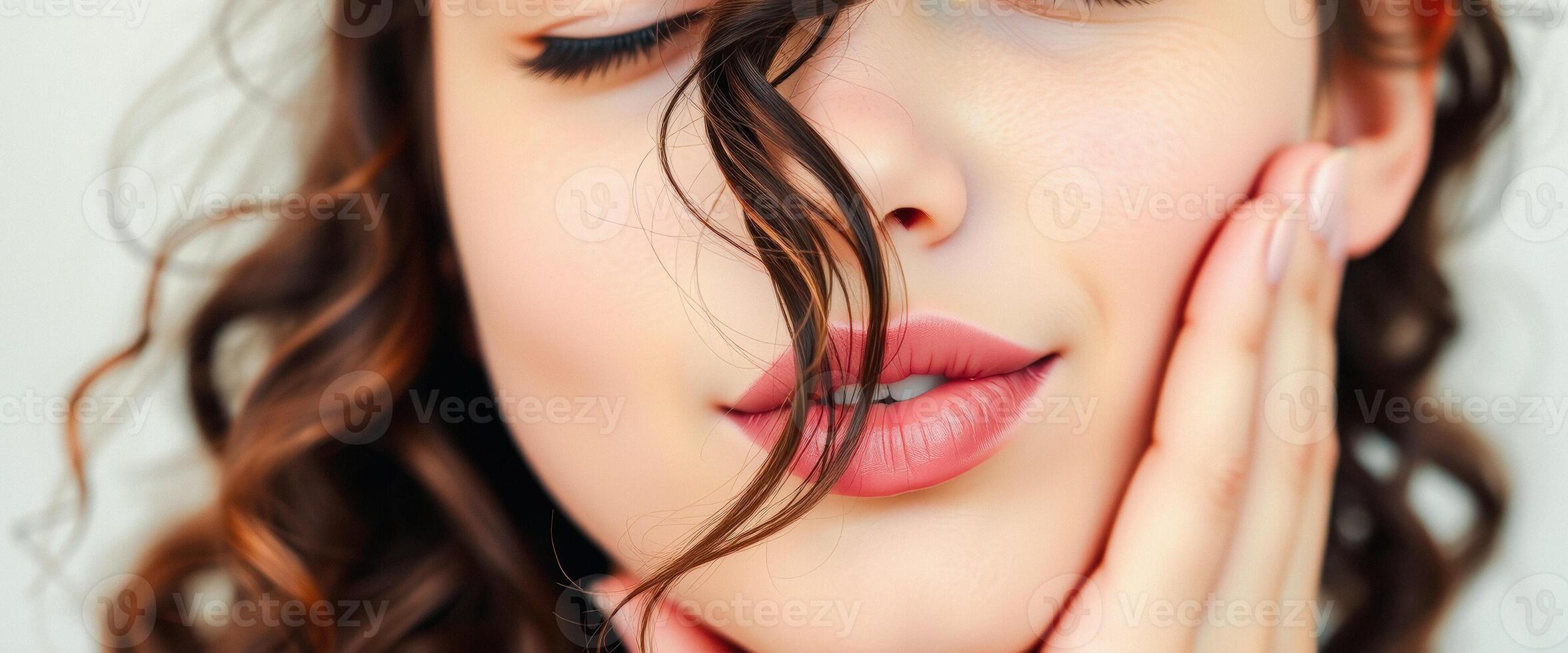 Close-up of a woman's lips with a strand of hair in the middle photo