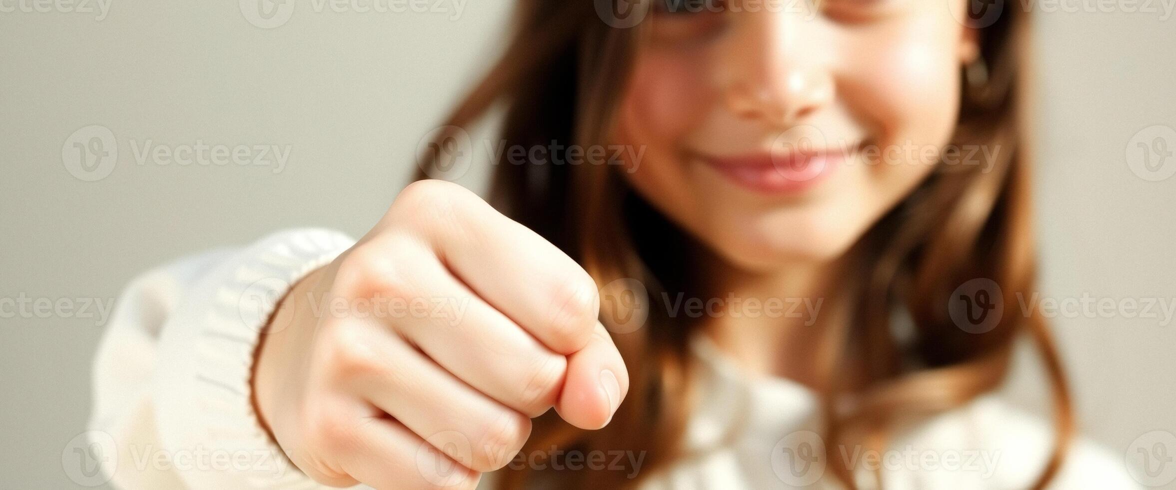 Close-up of a Young Girl's Hand Making a Fist, With a Smiling Face in the Background. photo