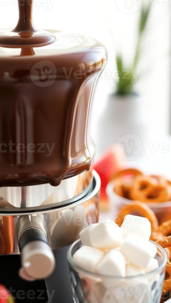 Closeup of Chocolate Fondue Pot with Marshmallows and Pretzels photo