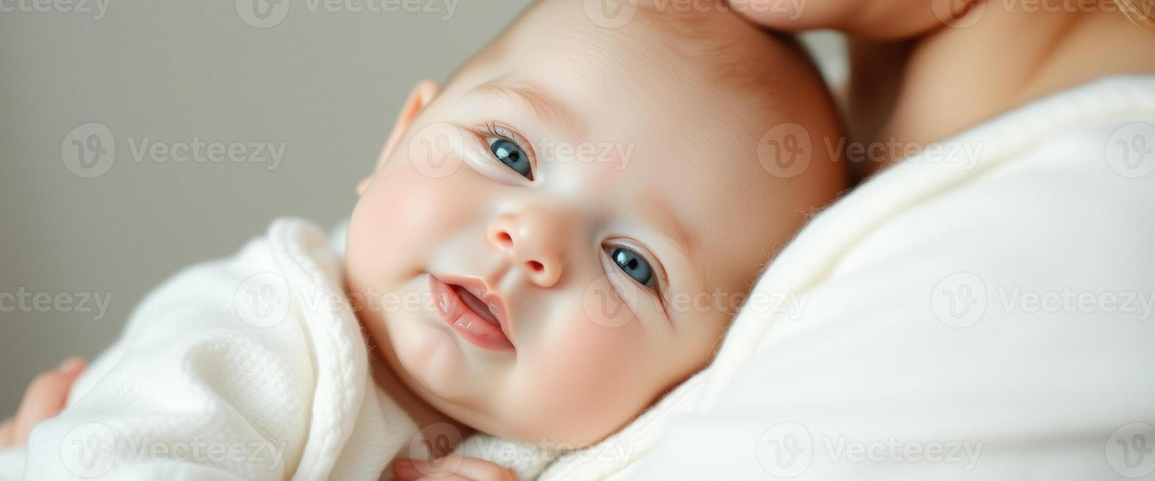Close-up of a baby's face with blue eyes photo