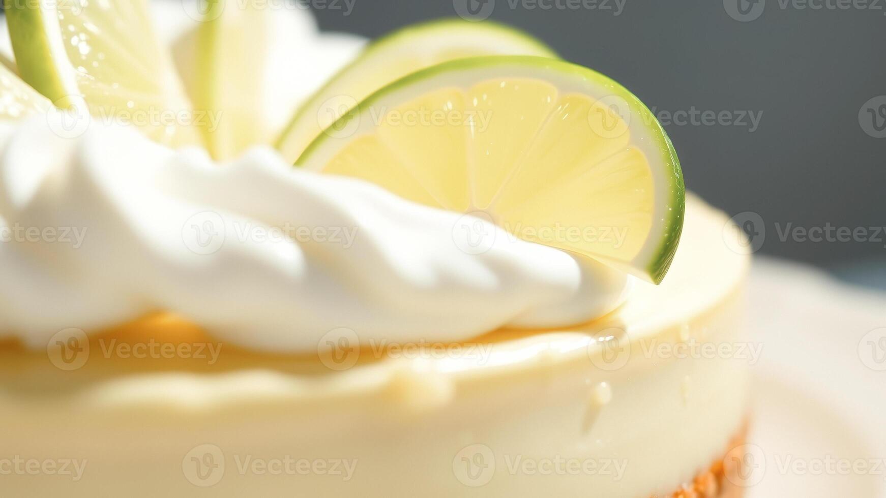 Close up of lemon cheesecake with whipped cream and lime slices photo