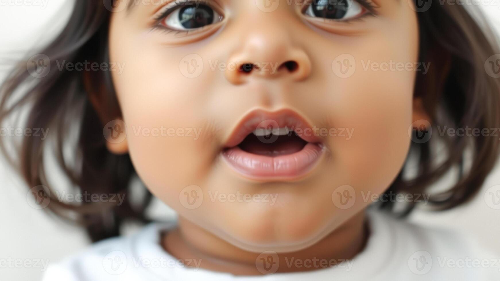 Close-up portrait of a young girl with her mouth open photo