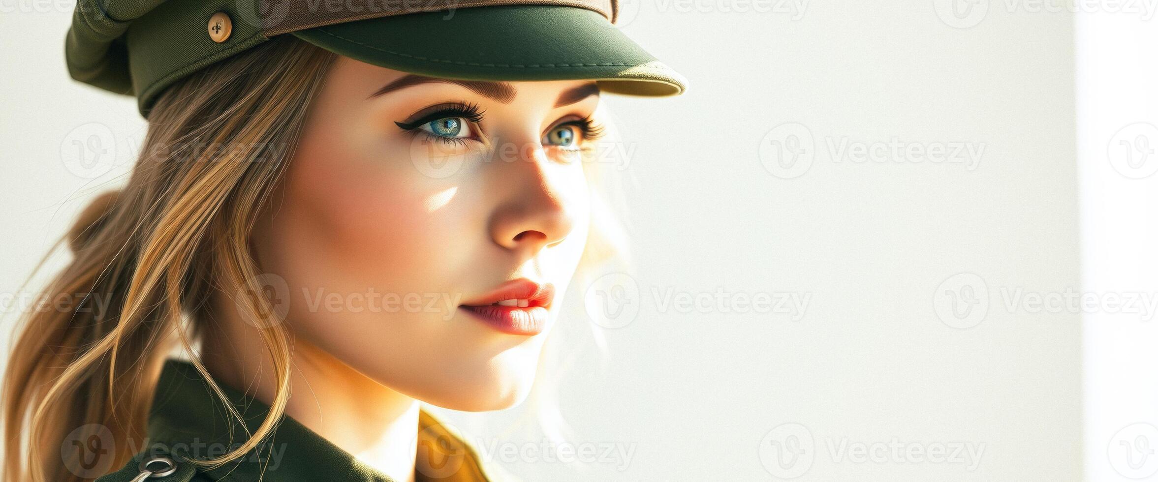 Closeup of a Young Woman with Blue Eyes and a Green Cap photo
