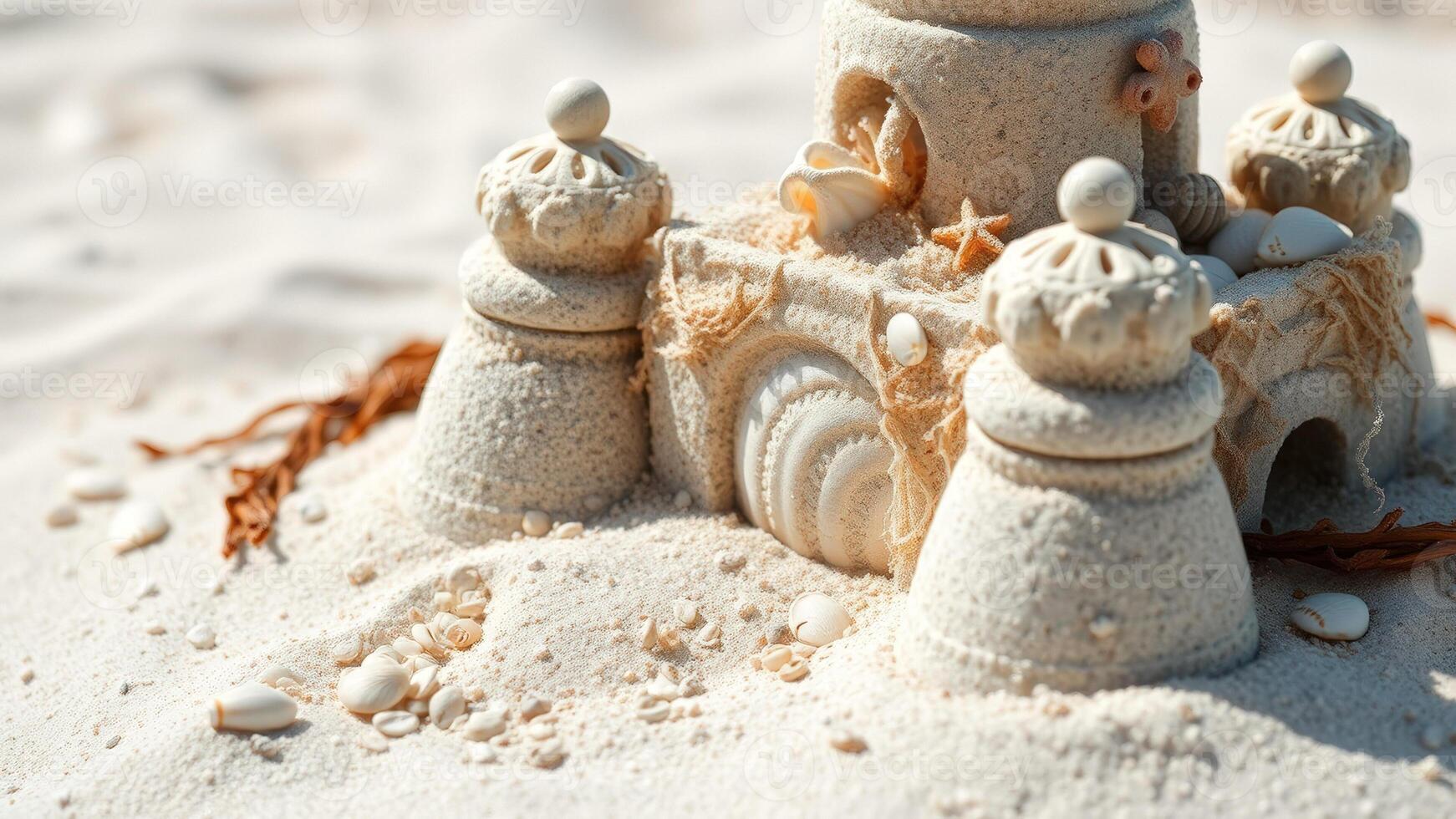 Sandcastle on a Beach with Shells and Starfish photo