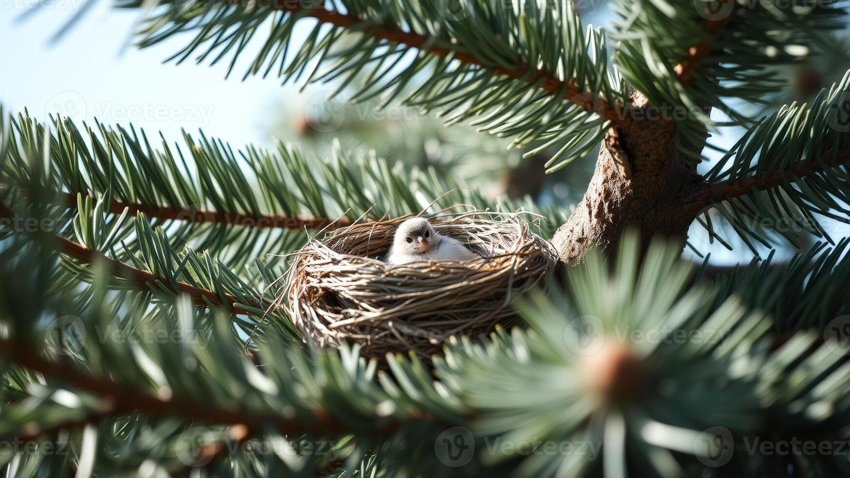 Baby bird nestled in a pine tree nest photo