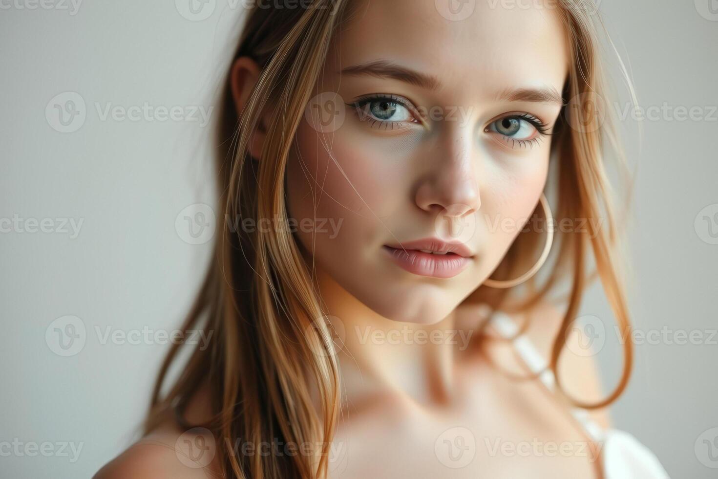 Portrait of a Young Woman with Blonde Hair and Blue Eyes photo