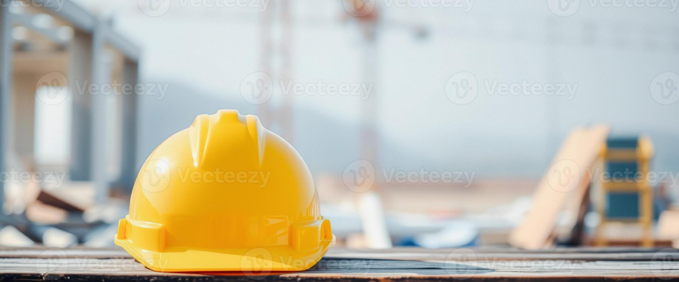 Yellow hard hat on a wooden plank in front of a construction site photo