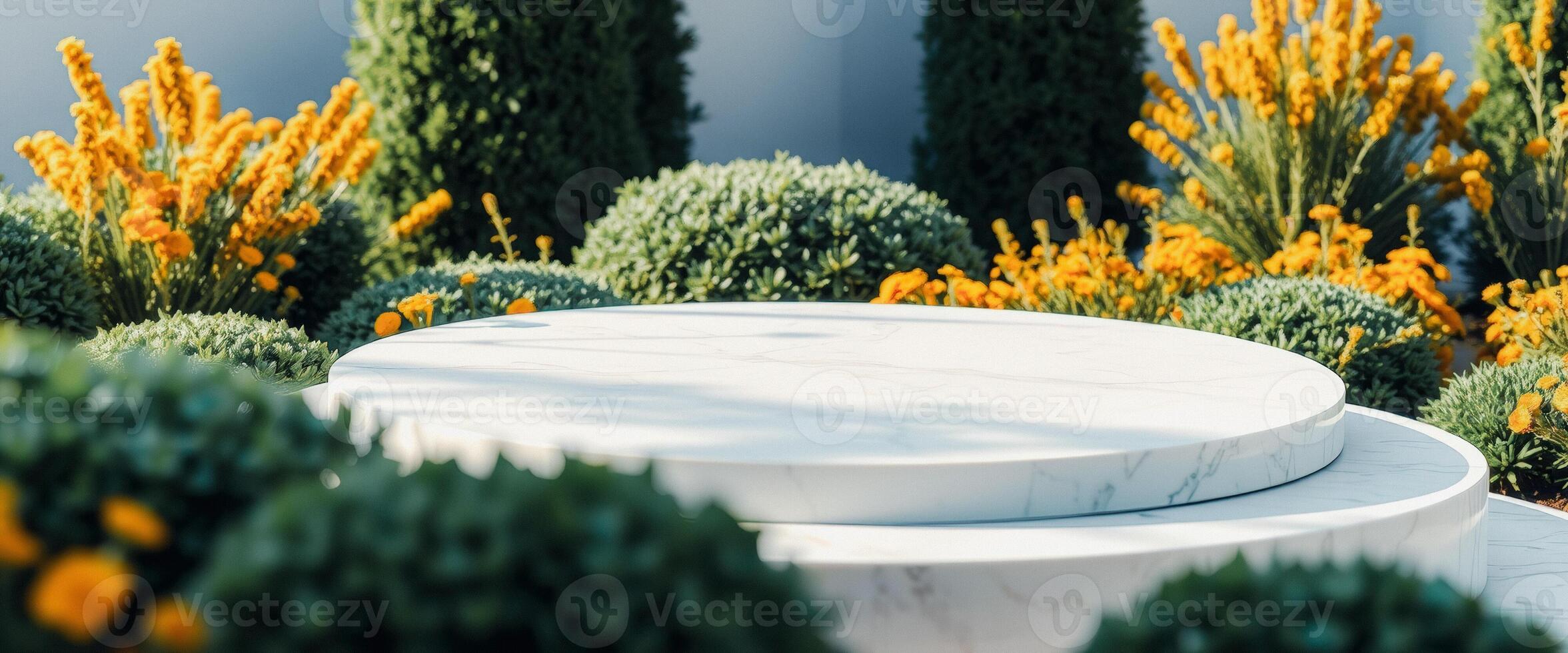 Minimalist Marble Platform with Green Bushes and Yellow Flowers photo