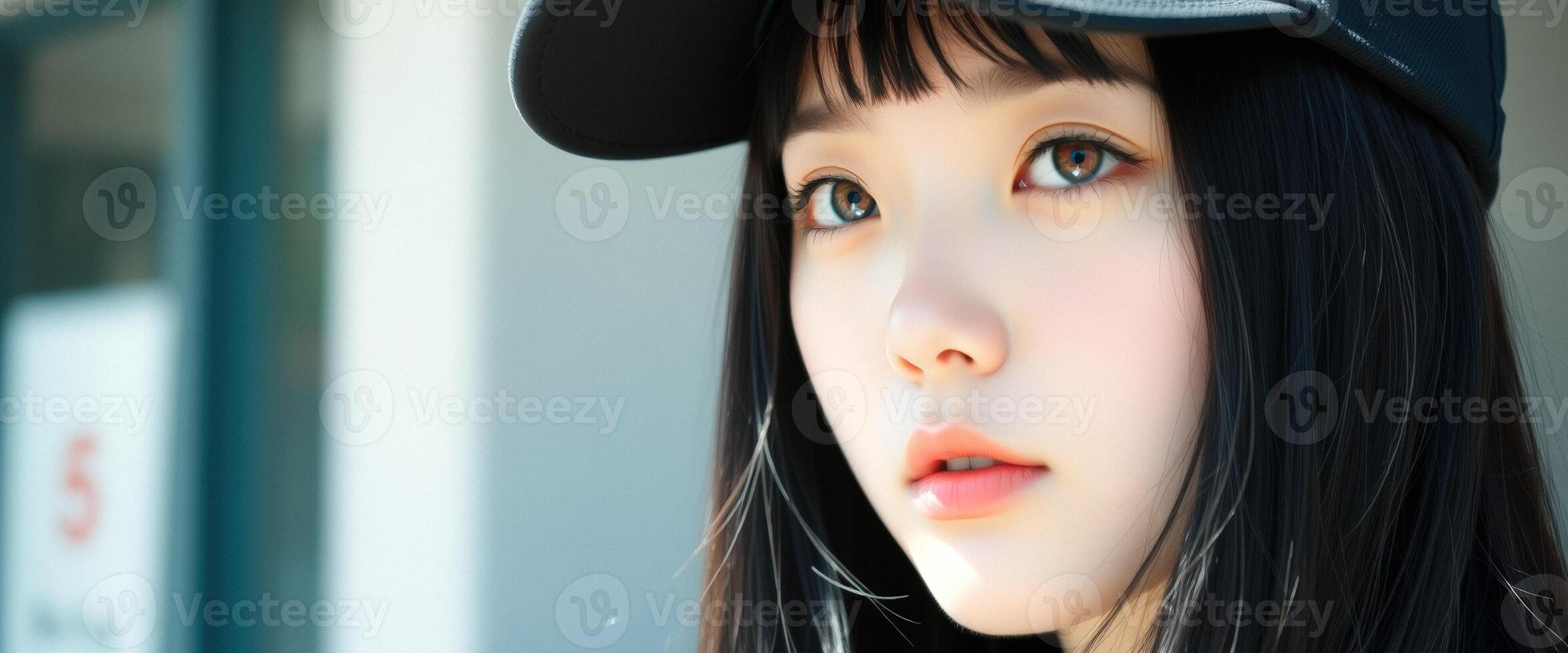 Close-up Portrait of a Young Woman with Long Black Hair and a Black Baseball Cap photo