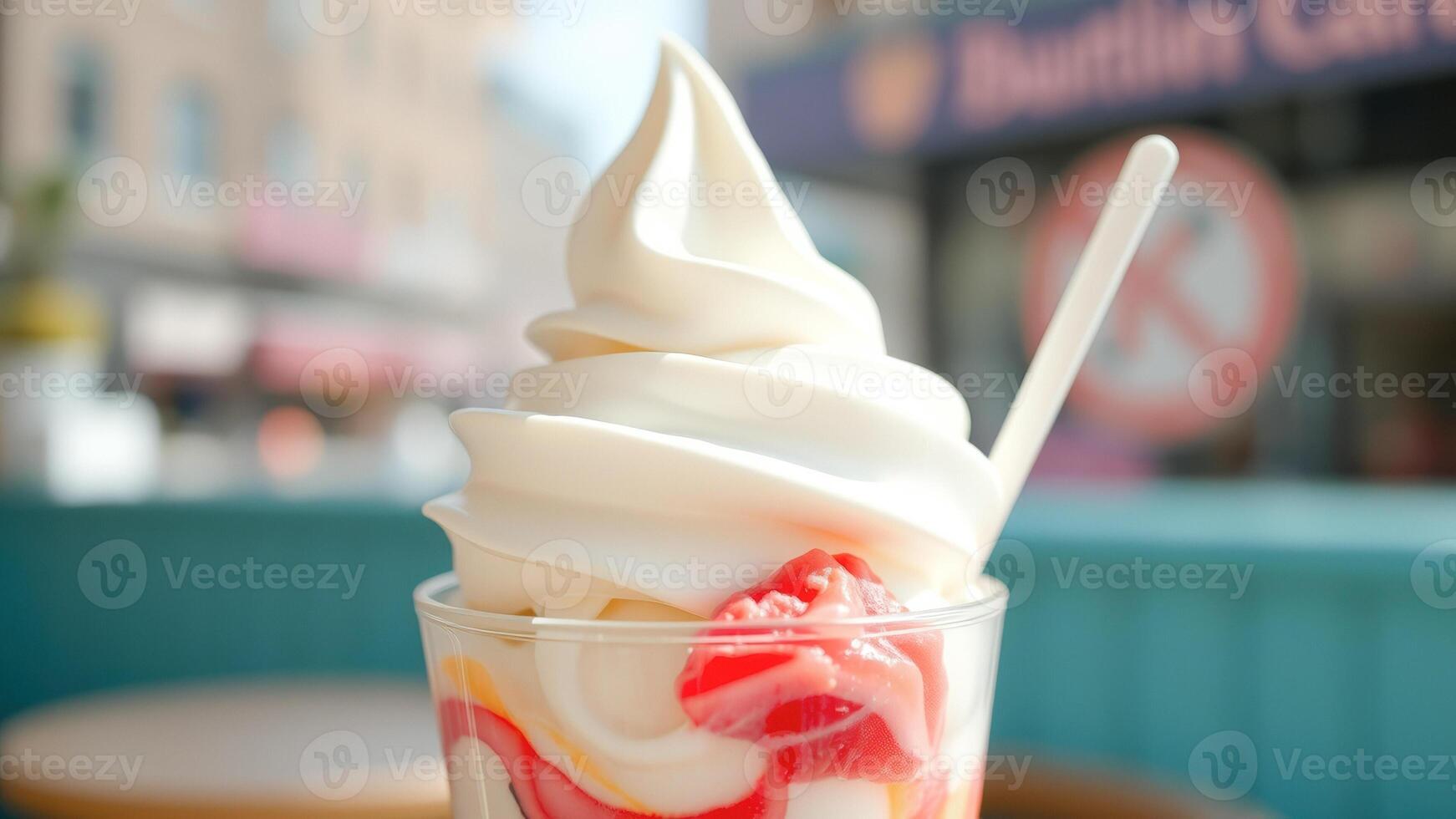 Close up of a strawberry and vanilla soft serve ice cream sundae photo