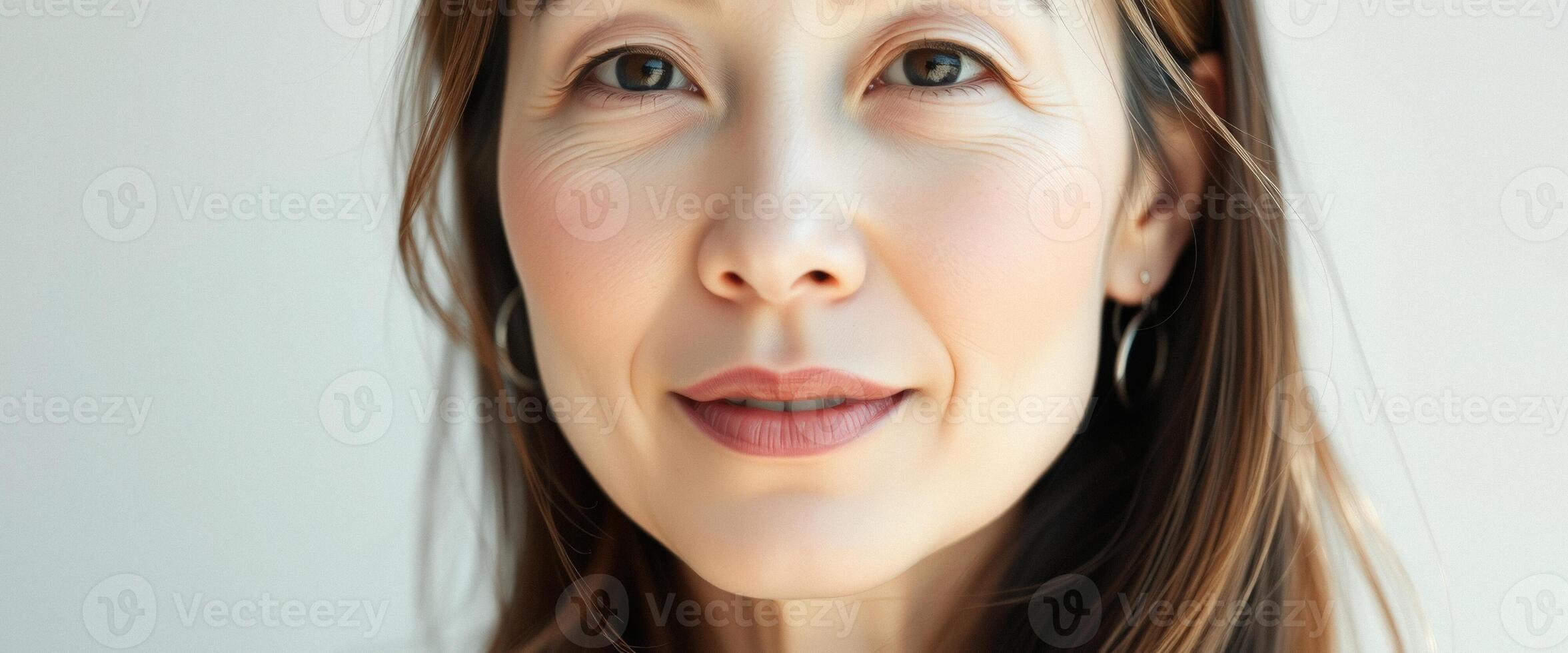 Close-up of a woman's face, smiling and looking at the camera photo