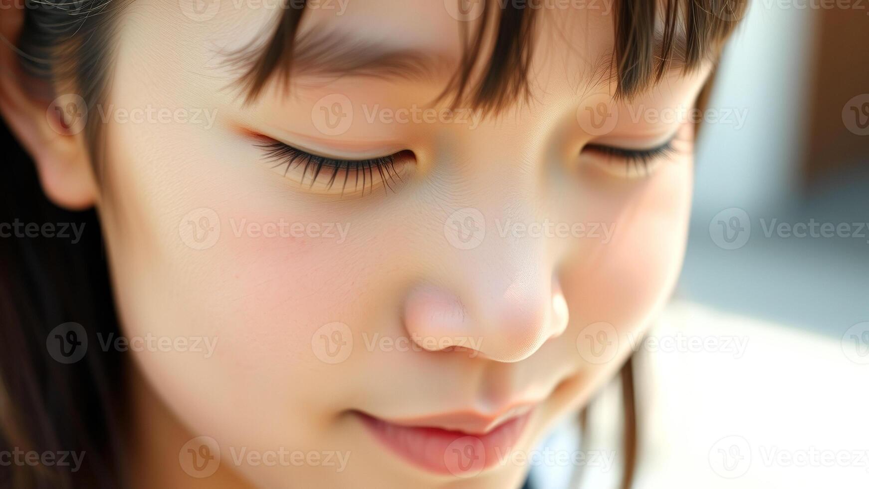 Close-up of a young girl's face, with soft focus on the lips and eyes. photo