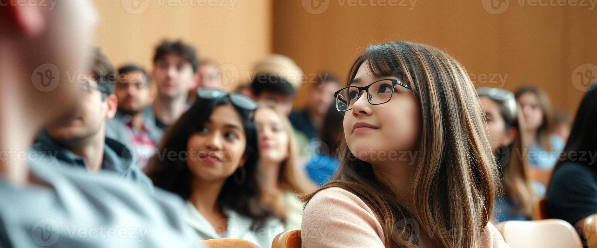 Young Woman Listening Attentively in a Classroom photo