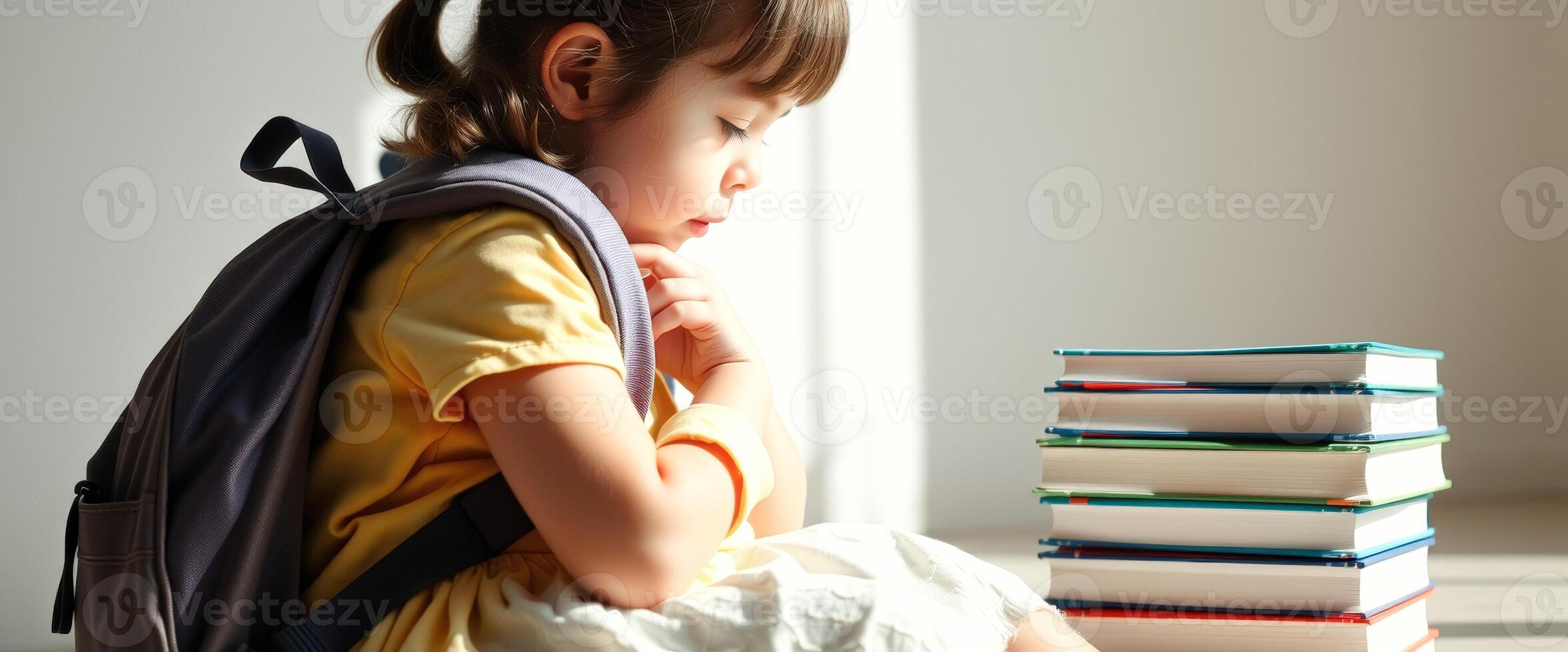 Adorable little girl with backpack sitting with books photo