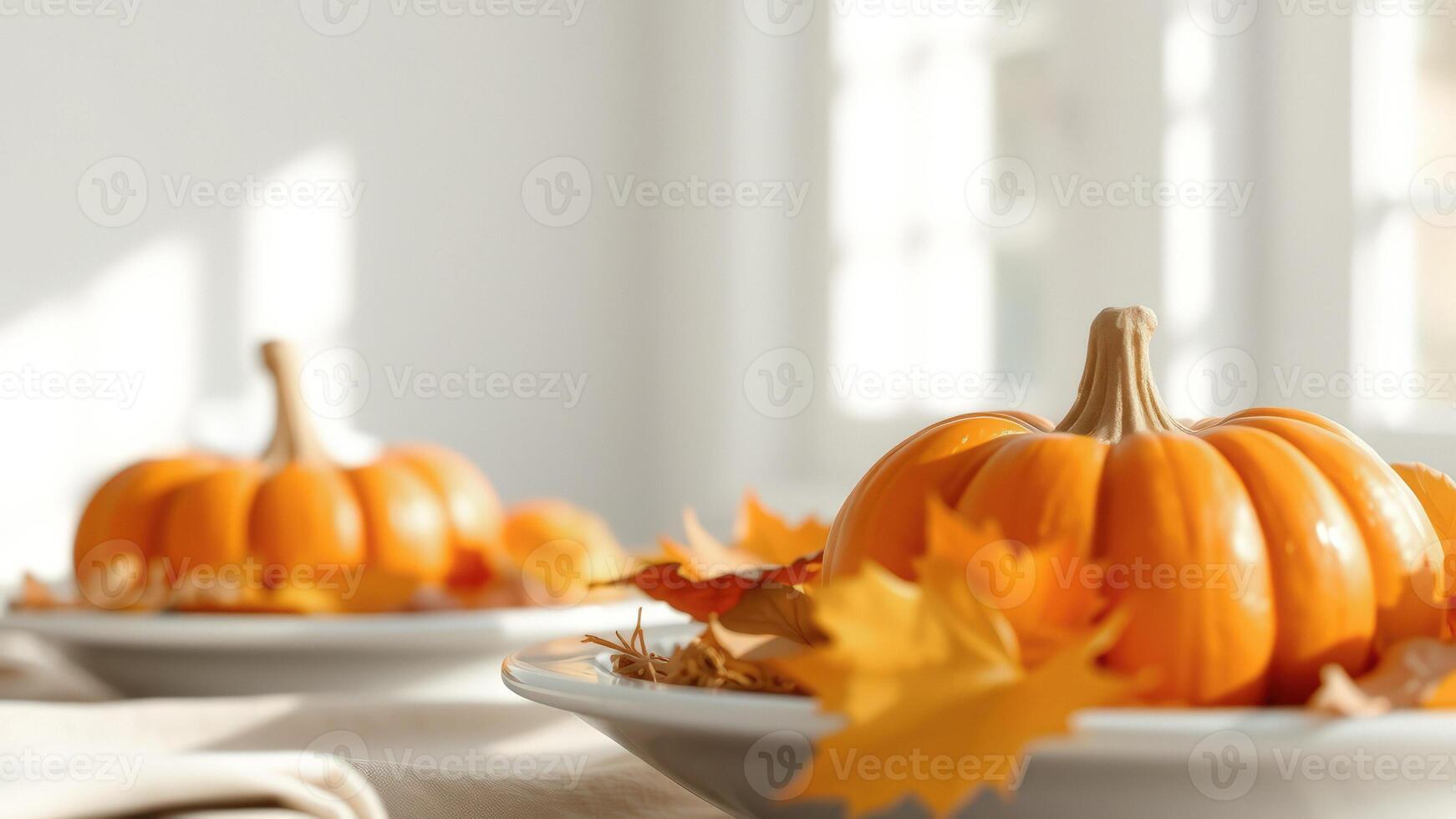 Pumpkins and Autumn Leaves on a White Plate photo