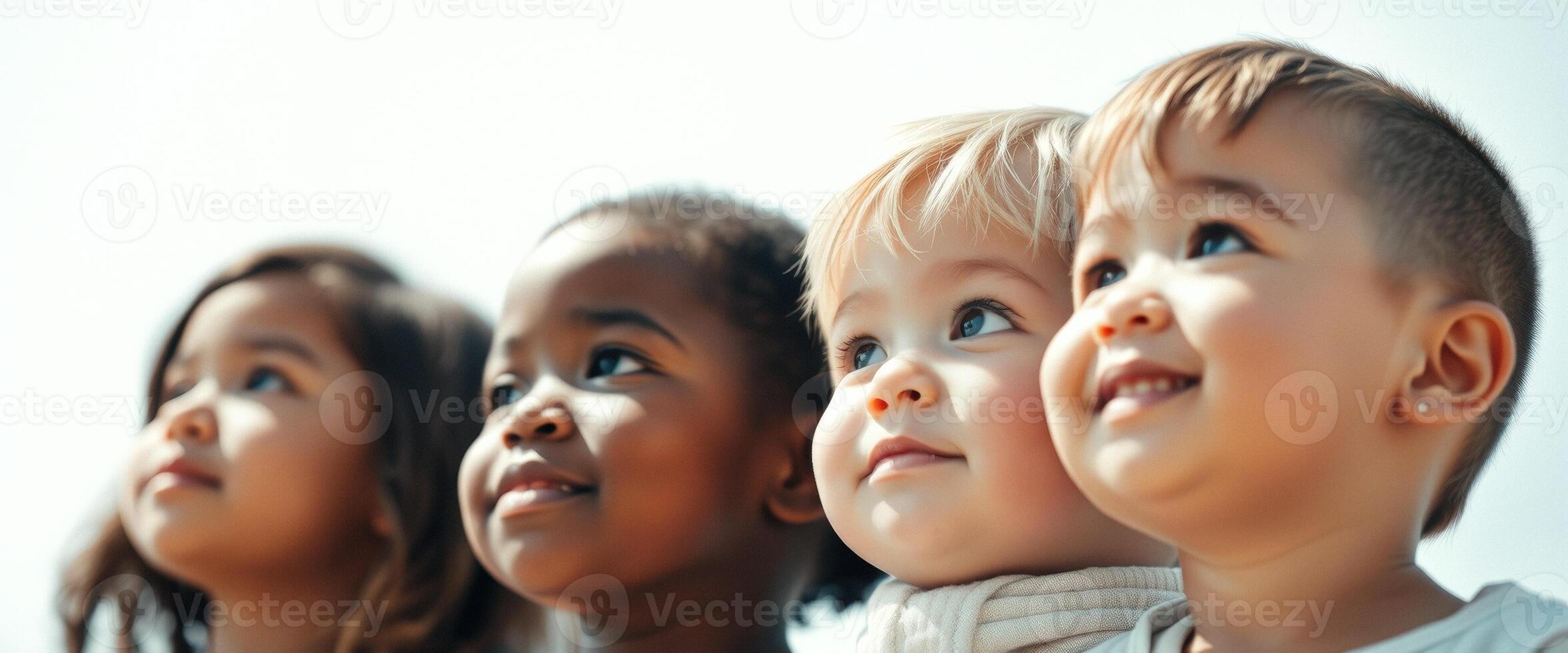 Diverse children looking up with hope and optimism photo