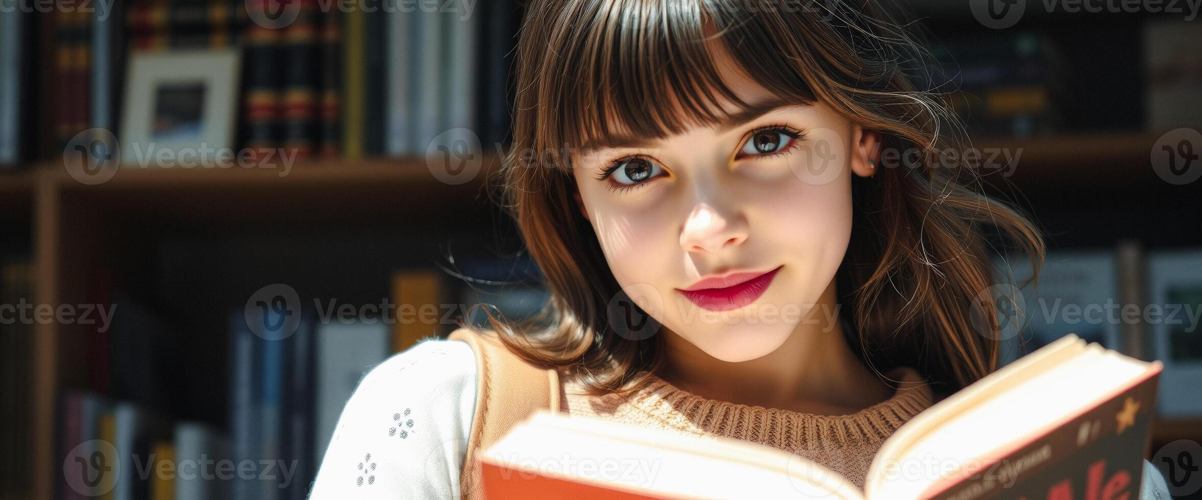 Young woman reading a book in a library photo