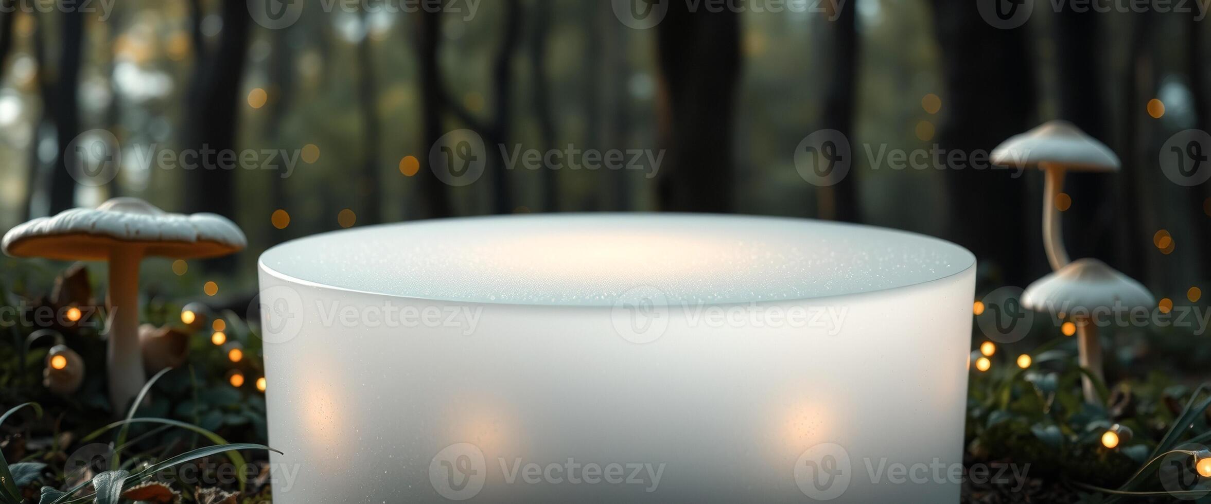 Frosted Cylinder Product Display in a Forest Setting photo