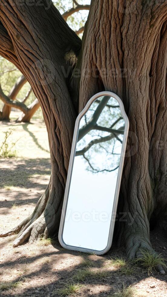 Mirror Reflecting Tree Trunk and Branches in Forest photo