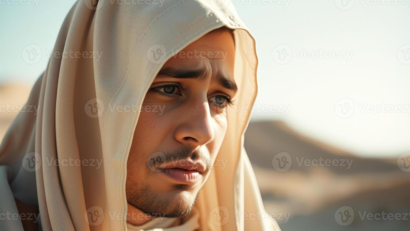 Close up of a man's face with a hood photo