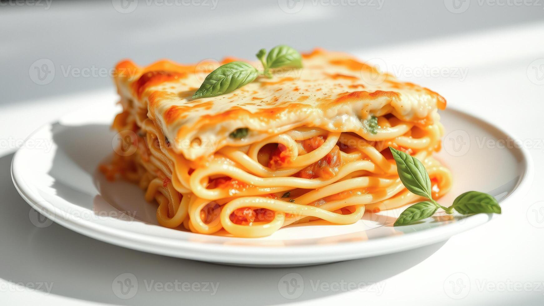 Close-up of Lasagna with Melted Cheese and Basil photo