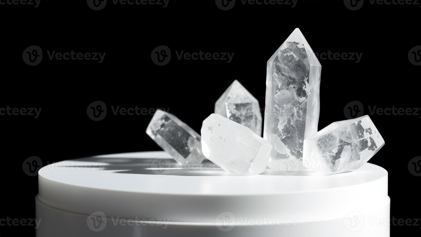 Clear Quartz Crystals on White Pedestal photo