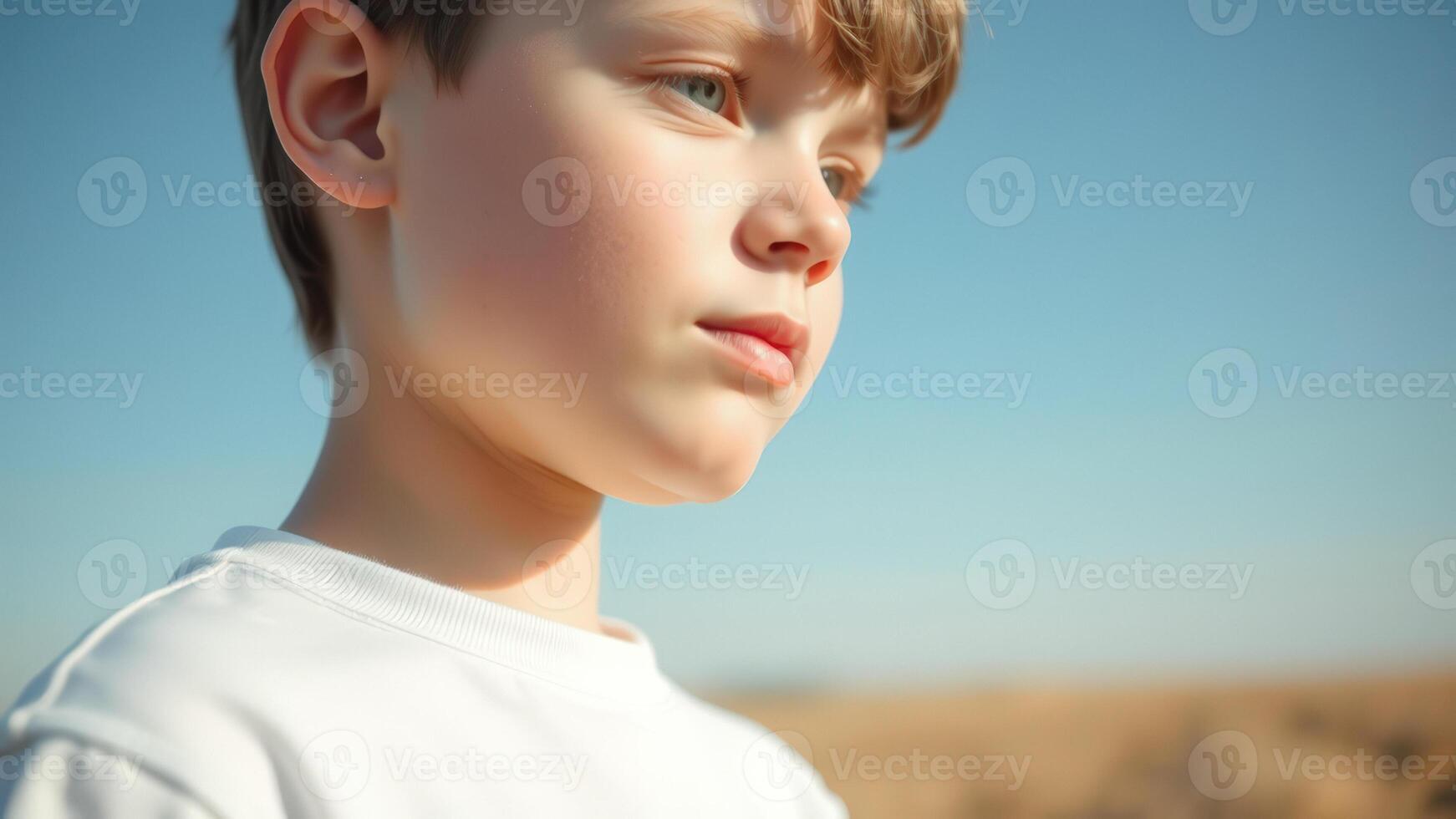 Close-up of a boy's face with a thoughtful expression photo