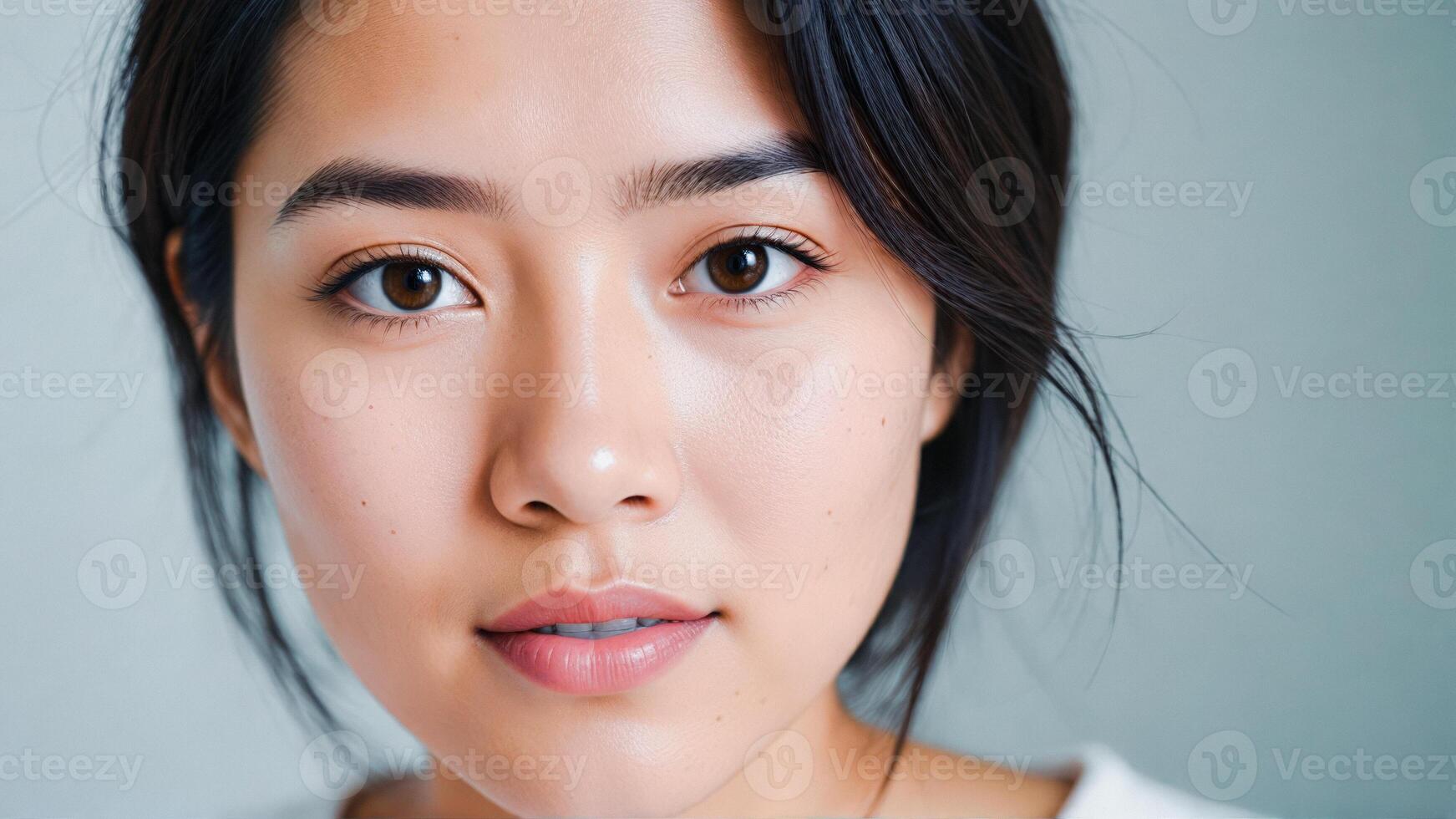 Closeup portrait of a young woman with brown eyes and pink lips photo