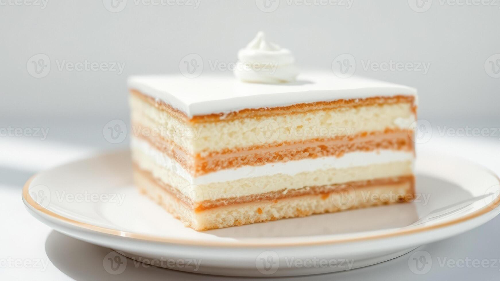 Closeup of a slice of cake with white frosting and a delicate swirl on top photo