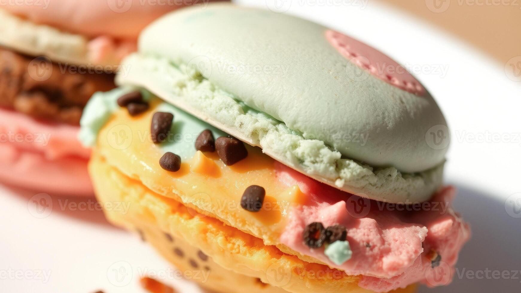 Close up of a Colorful Macaron with Chocolate Chips photo