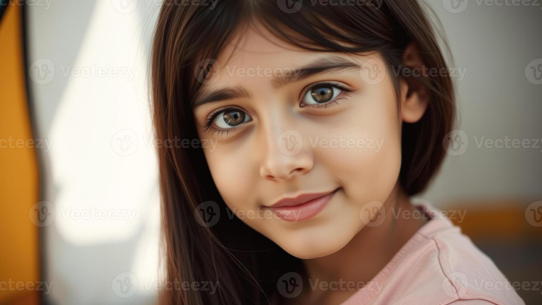 Portrait of a young girl with brown hair and big brown eyes photo