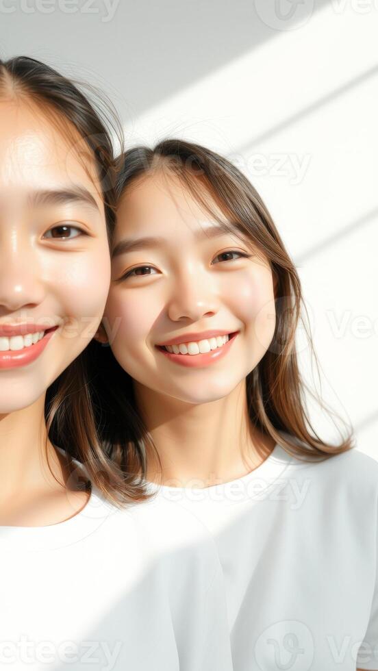 Two smiling Asian women in white shirts photo