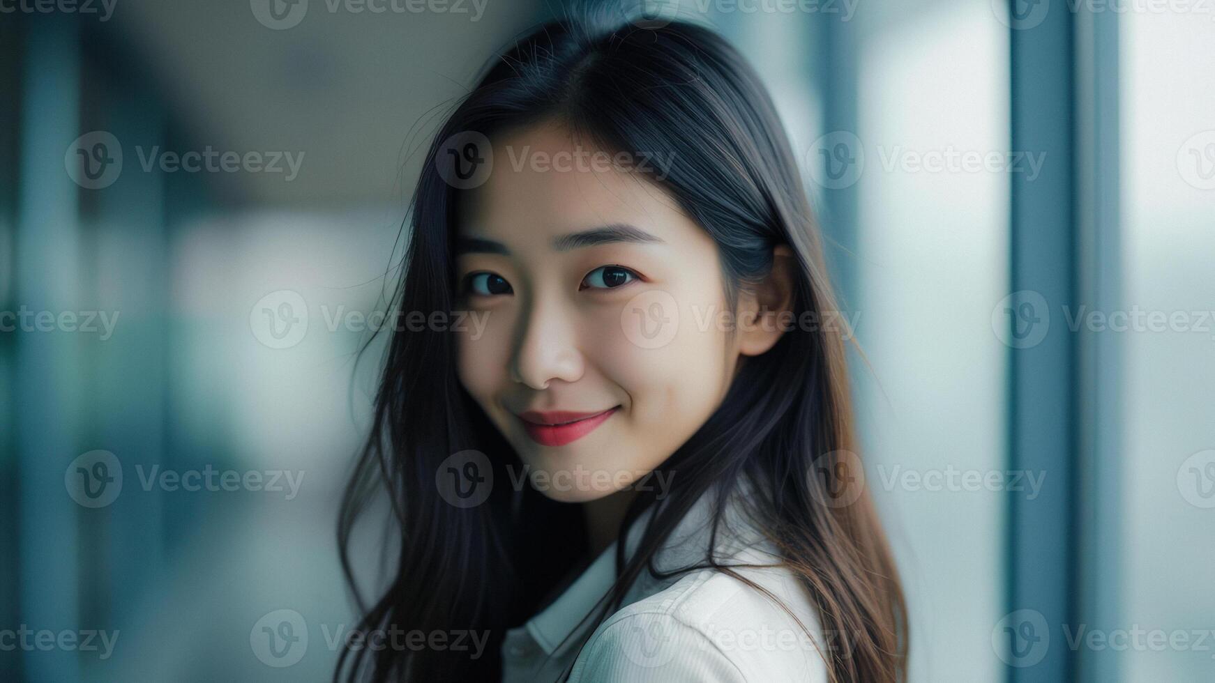 Portrait of a Young Woman with Long Black Hair Smiling photo