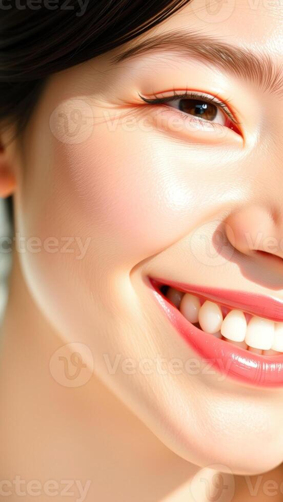 Close-up of a Woman's Smiling Face with Glossy Lips photo