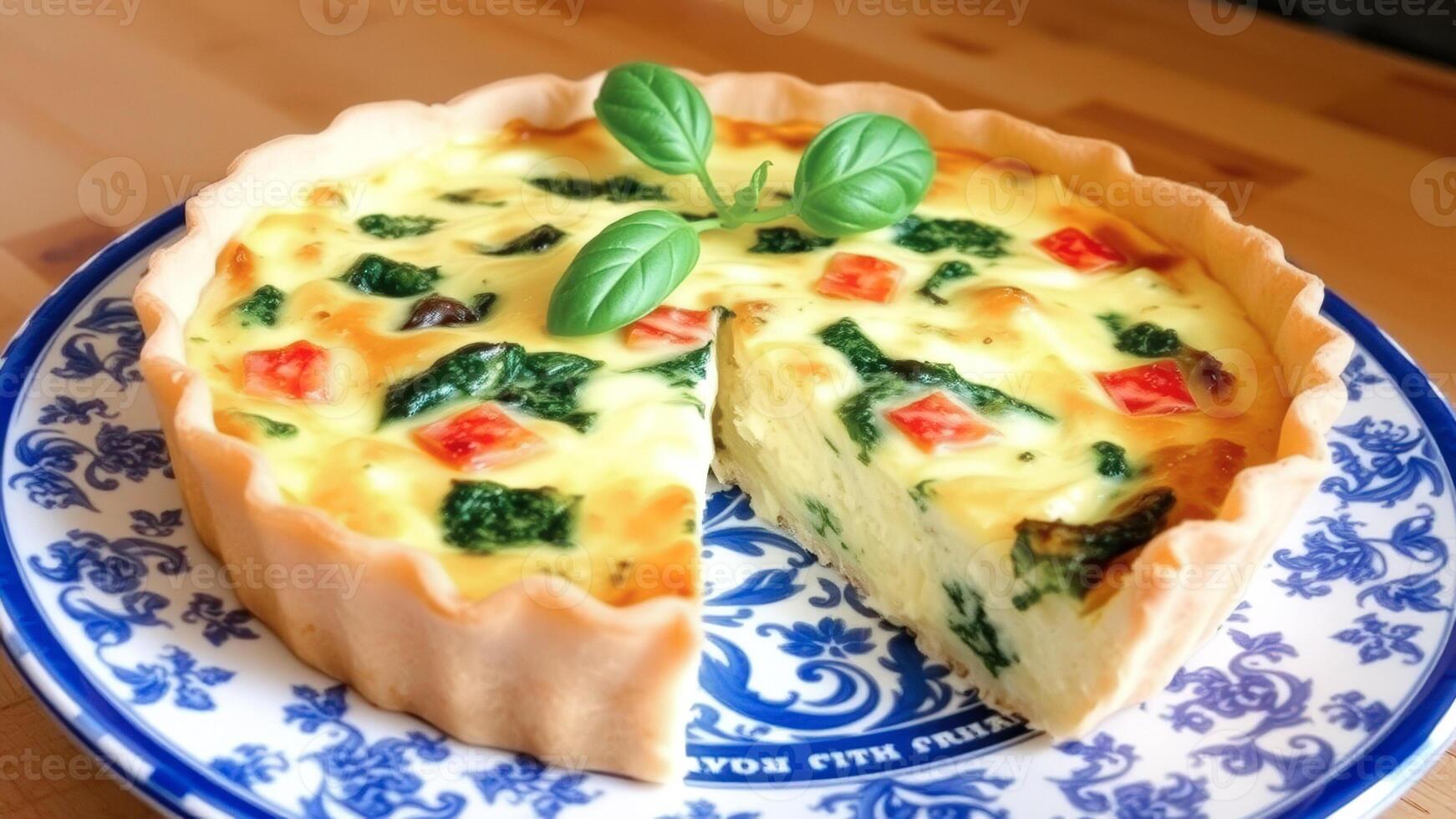 Spinach and Tomato Quiche on a Blue and White Plate photo