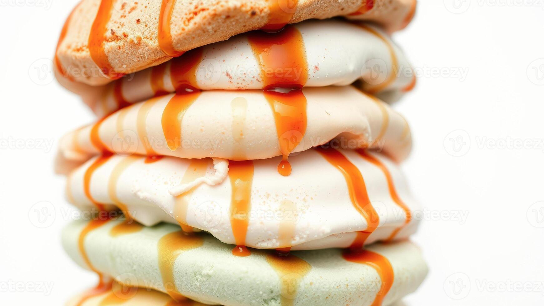 Close-up of a stack of pastries drizzled with caramel sauce photo