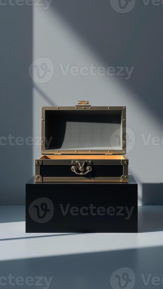 Open Gold and Black Box with Gold Hardware on a Black Platform photo