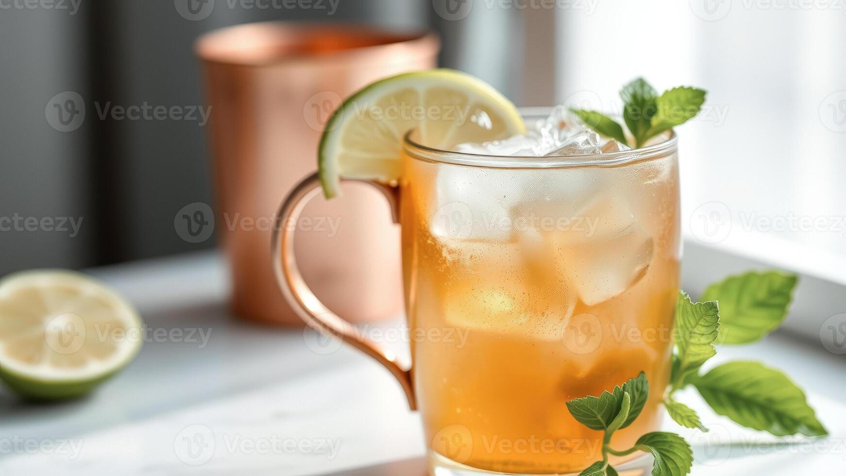 Refreshing Iced Tea with Lime and Mint in a Copper Mug photo
