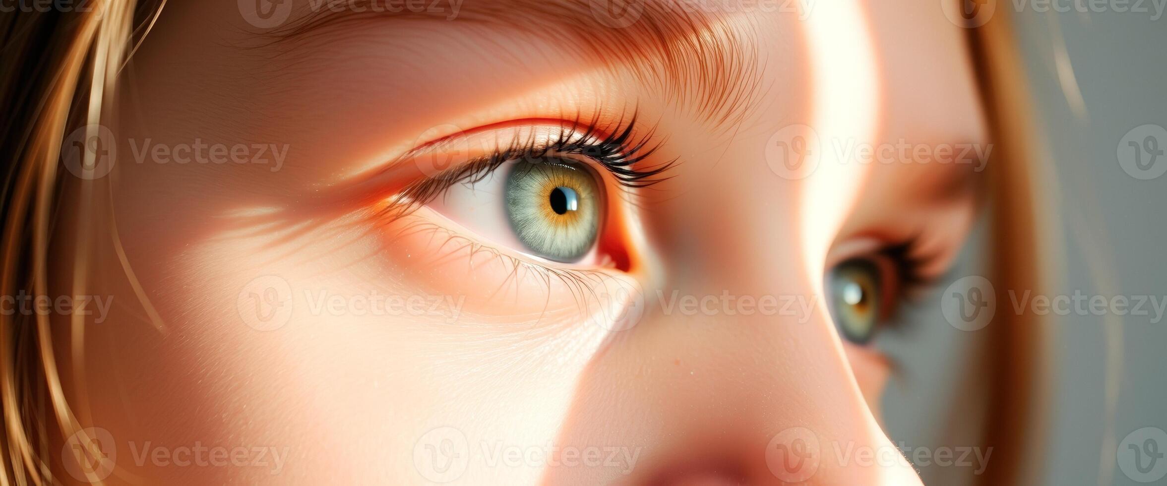 Close-up of a young woman's eye, with sunlight streaming across her face photo