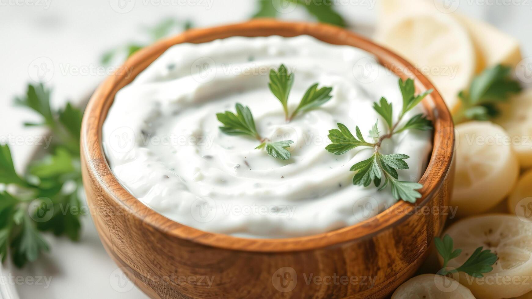 Close-up of creamy yogurt dip in a wooden bowl with fresh parsley garnish photo