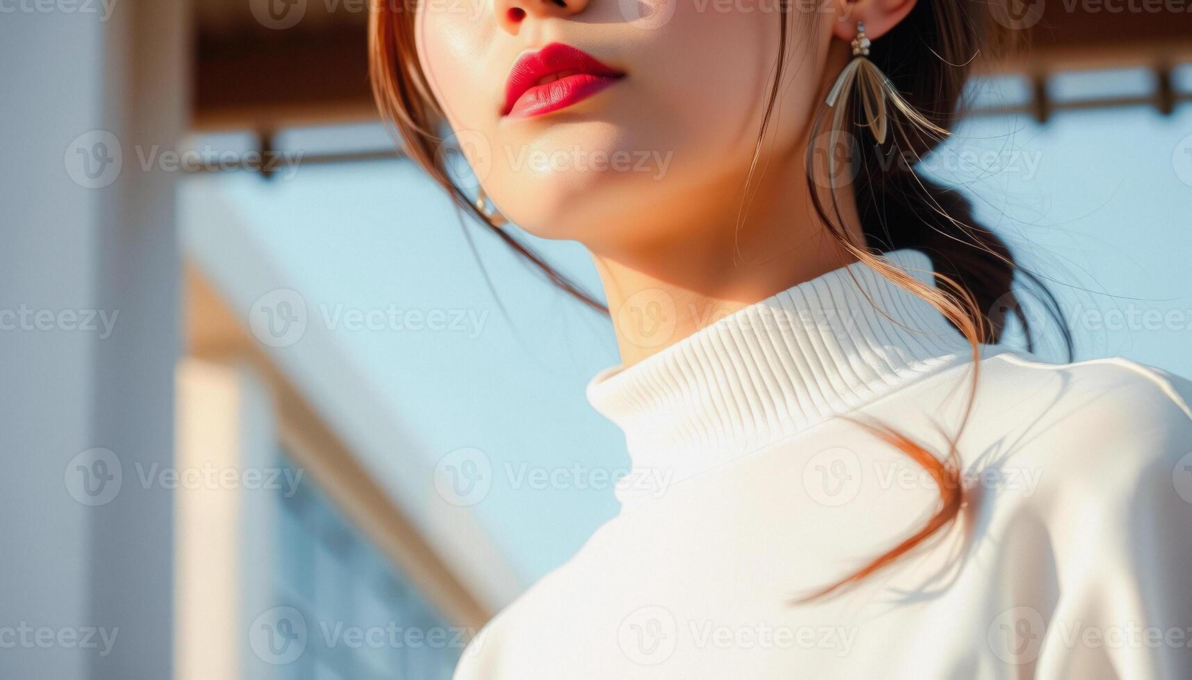 Close up of a woman's face with red lipstick photo
