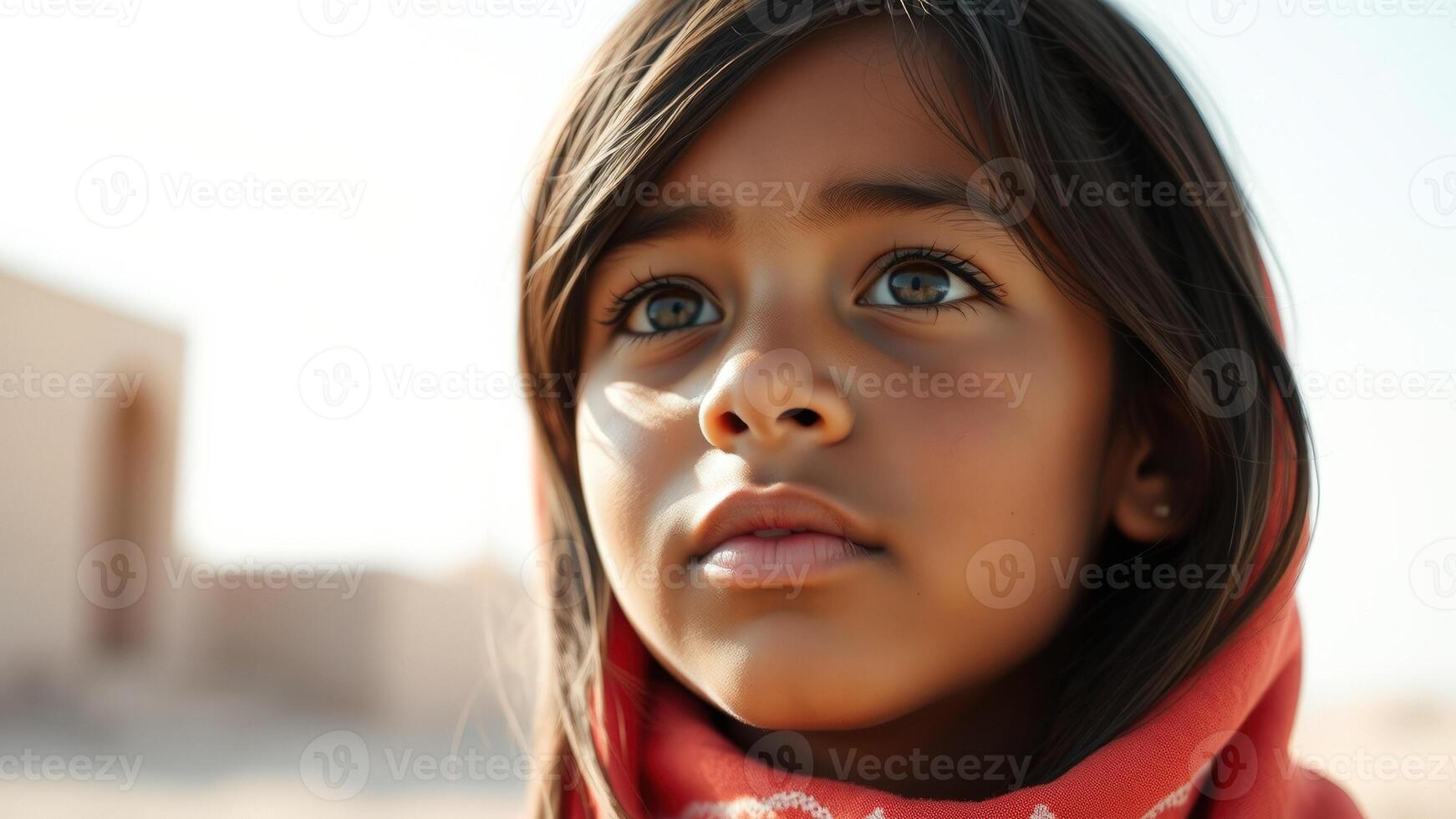Close-up of a Young Girl's Face, Soft Light, Desert Background photo