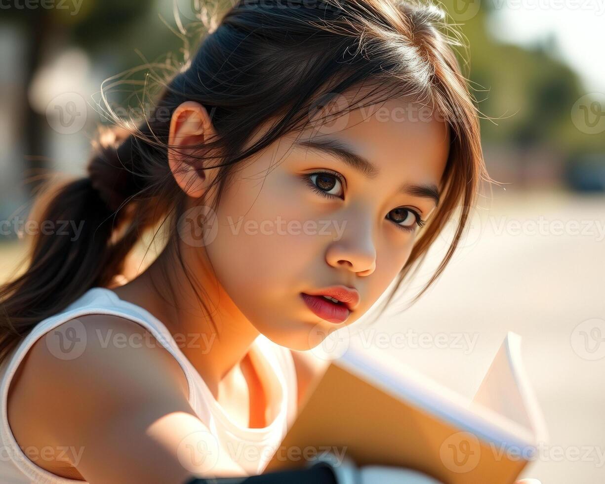 Close-up portrait of a young girl with a thoughtful expression photo