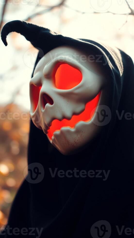 Closeup of a spooky Halloween mask glowing red photo