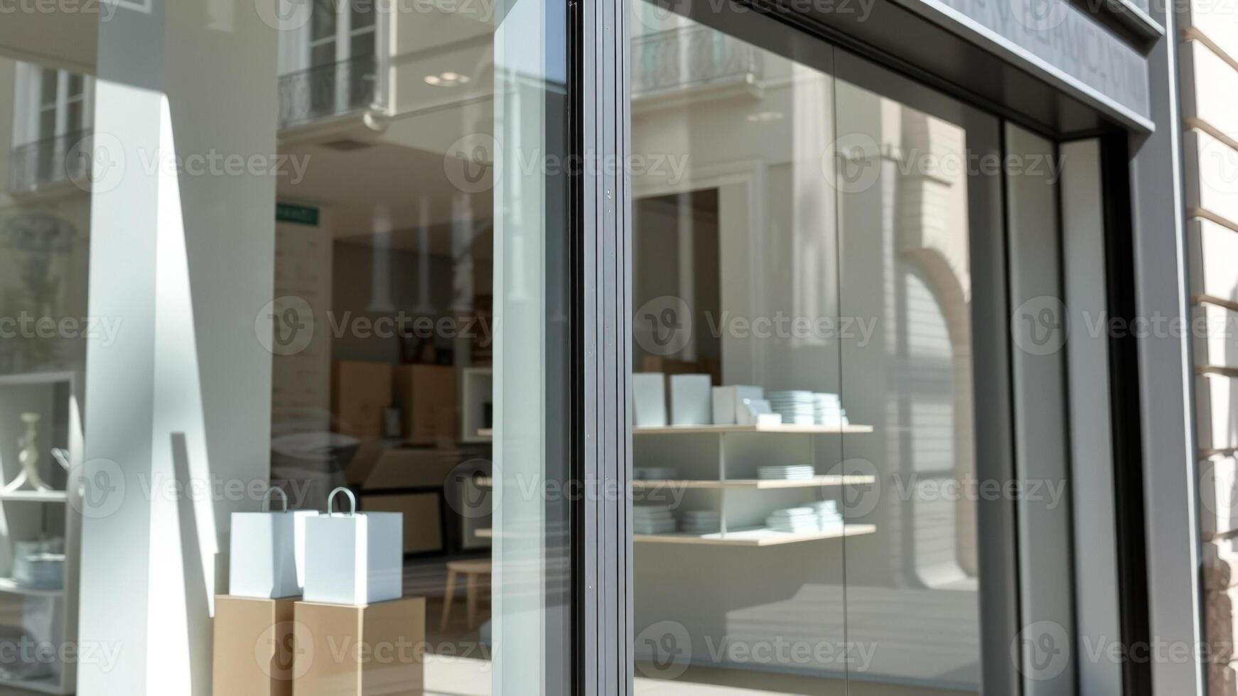 Close up of glass storefront with light reflecting off the surface photo